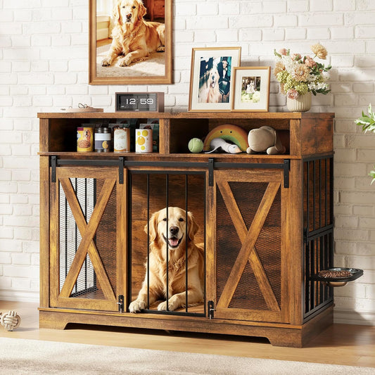 47" Large Dog Crate, Wooden Dog Kennel Furniture with Storage & Adjustable Bowl & Sliding Barn Door, Heavy Duty Dog Crates for Large Dogs, Indoor Decorative Dog Cage, Brown