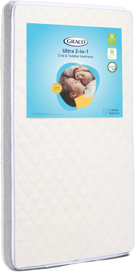 Ultra 2-In-1 Premium Dual Sided Crib & Toddler Mattress - GREENGUARD Gold, Certipur-Us Certified Foam, Machine Washable Cover with 100% Waterproof Surface, Fits Standard Crib & Toddler Beds