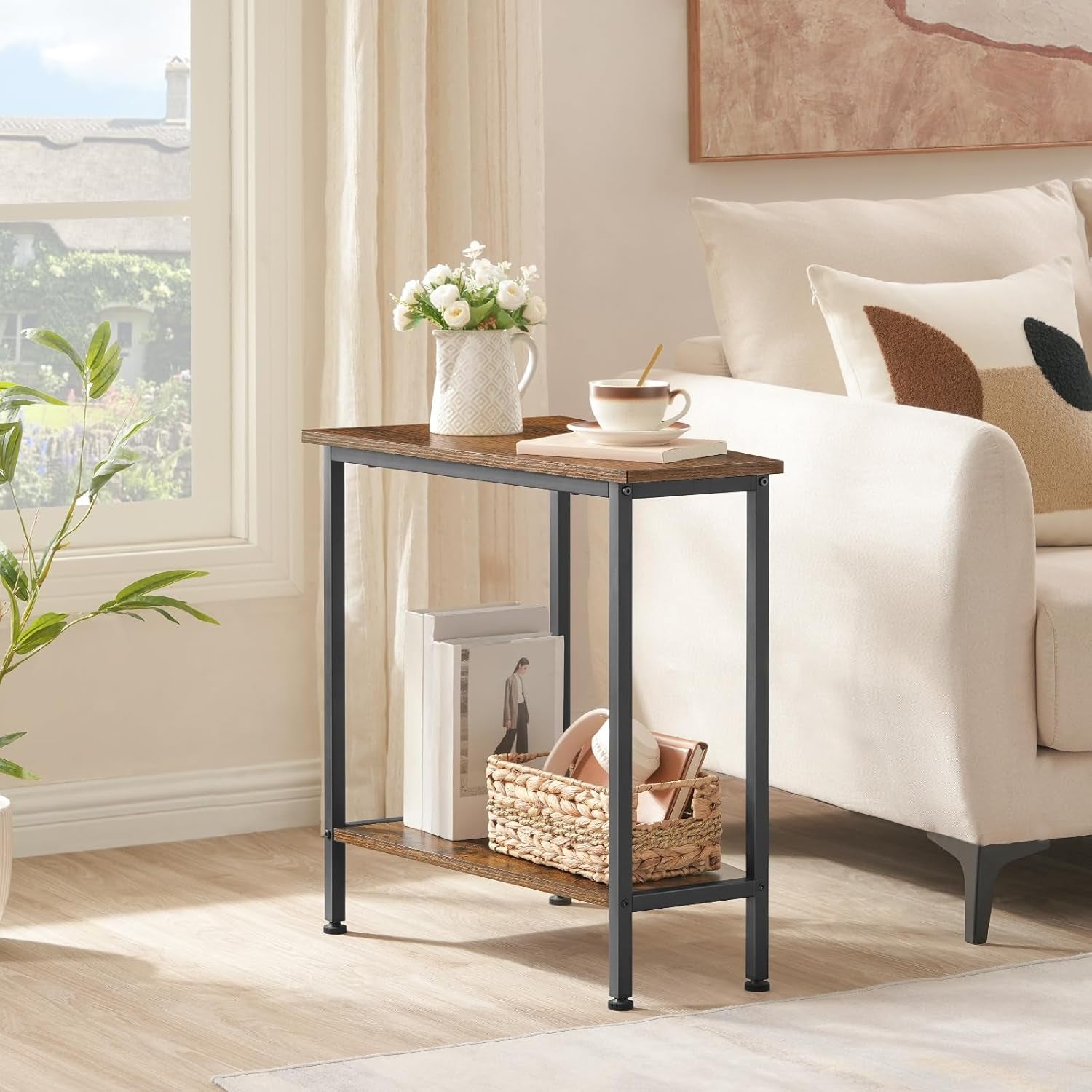 Wedge End Table, Recliner Wedge Side Table with Storage, Industrial Triangle Accent Table for Small Space, Corner, Living Room, Apartment, Rustic Brown BF64BZ01G1