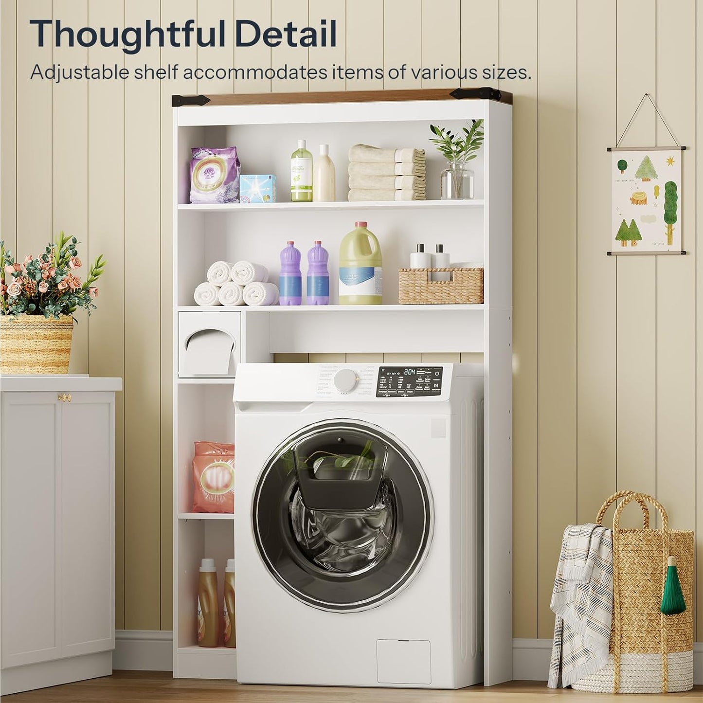 Over-The-Toilet Storage Rack, 3-Tier Freestanding Bathroom Shelves, Wooden Bathroom Organizer with Toilet Paper Holder, Farmhouse Space Saver, Laundry Room, White and Walnut WH20TS01