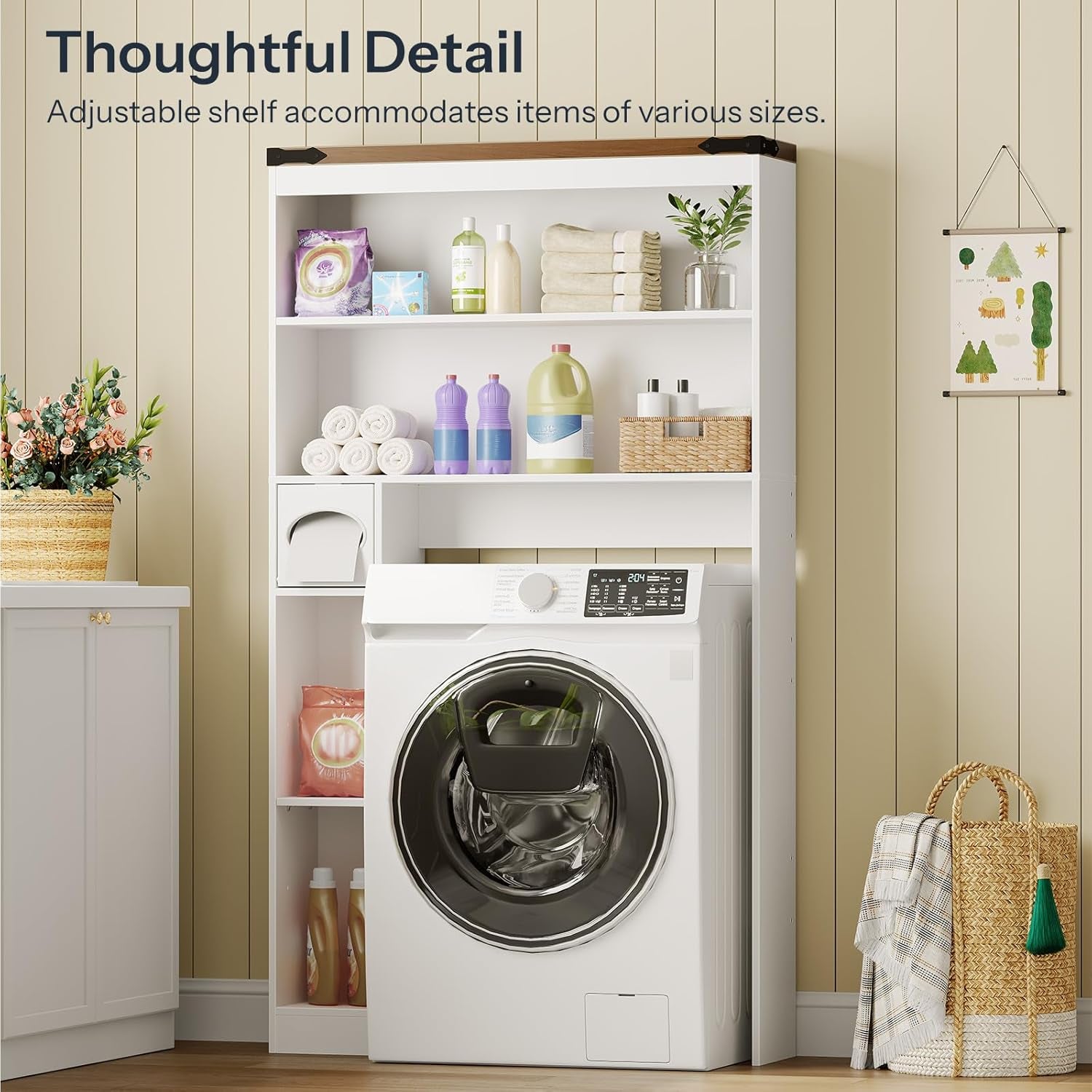 Over-The-Toilet Storage Rack, 3-Tier Freestanding Bathroom Shelves, Wooden Bathroom Organizer with Toilet Paper Holder, Farmhouse Space Saver, Laundry Room, White and Walnut WH20TS01