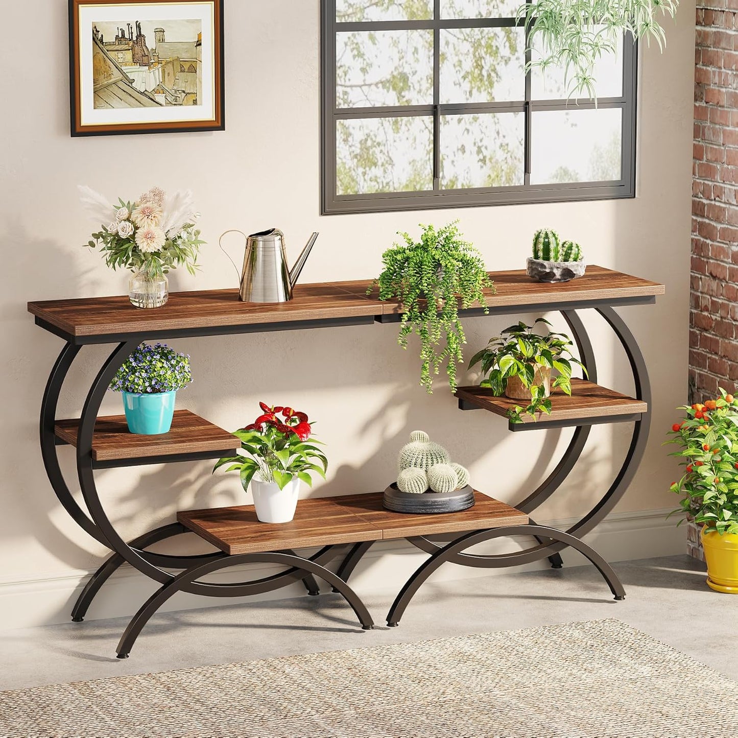 C-Shaped End Table, Industrial 3-Tier Small Side Table for Couch, Wood Bedside Table Snack Side Table with Storage Shelves for Living Room Small Space, Rustic Brown