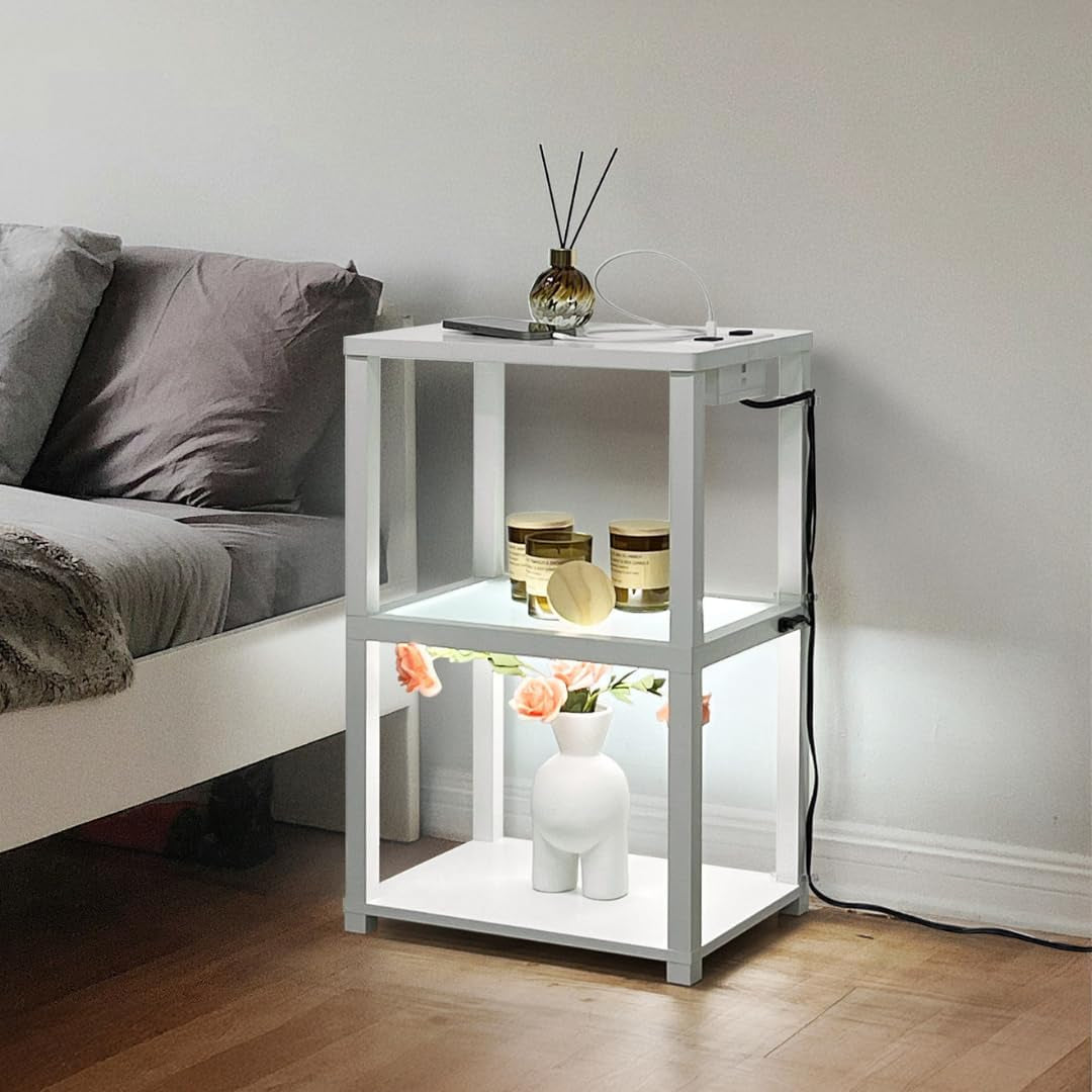 Nightstand with Charging Station, Small End Table with Charging, Side Table with Storage – Minimalist Nightstand for Bedroom or Small Spaces Flare
