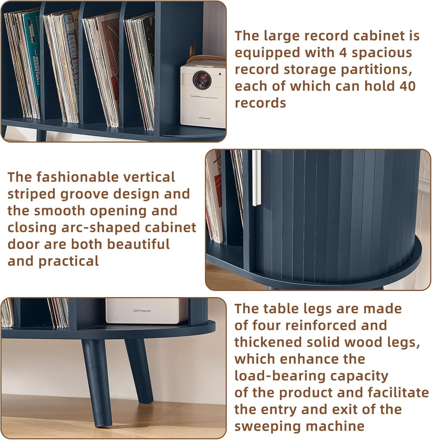 Large round Record Player Stand with Charging Station & Fluted Panel,Navy Blue Mid Century Modern Turntable Cabinet with Vinyl Storage, Arched Wood Record Player Table for Living Room