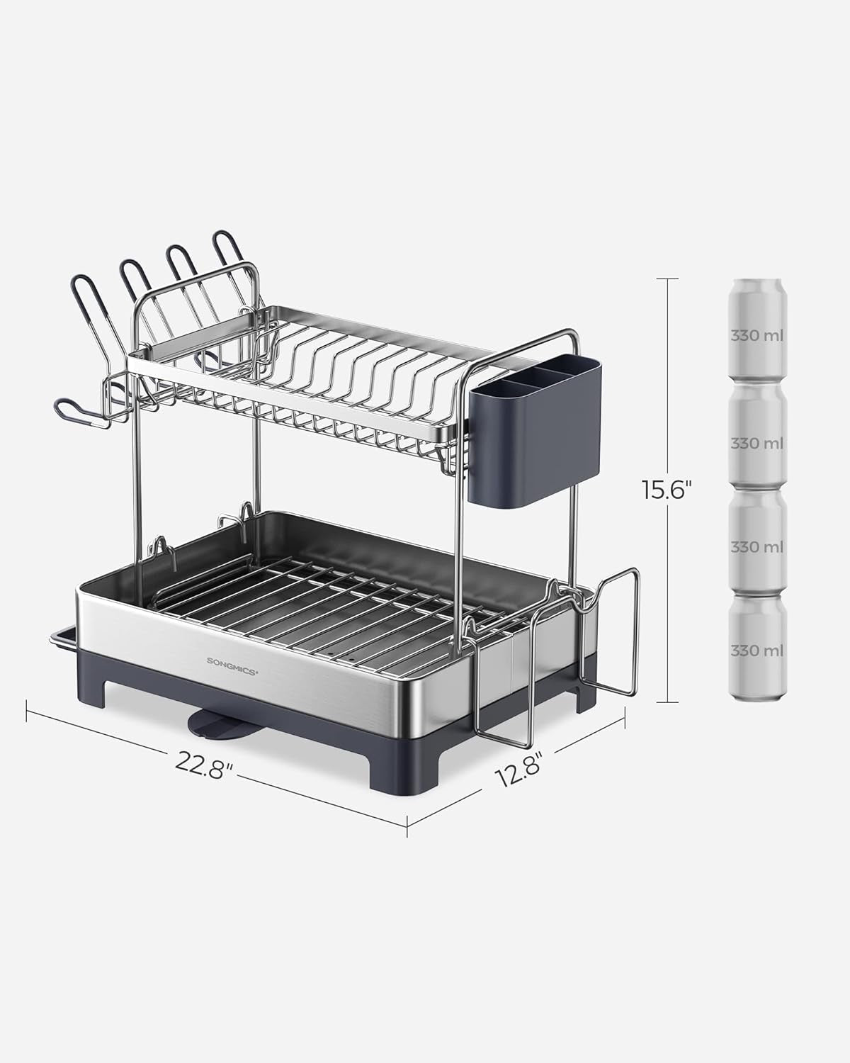 Dish Drying Rack - 2 Tier Dish Rack for Kitchen Counter with Rotatable and Extendable Drain Spout, Dish Drainer with Utensil, Cup, Glass, Cutting Board Holders, Silver and Gray UKCS032E01