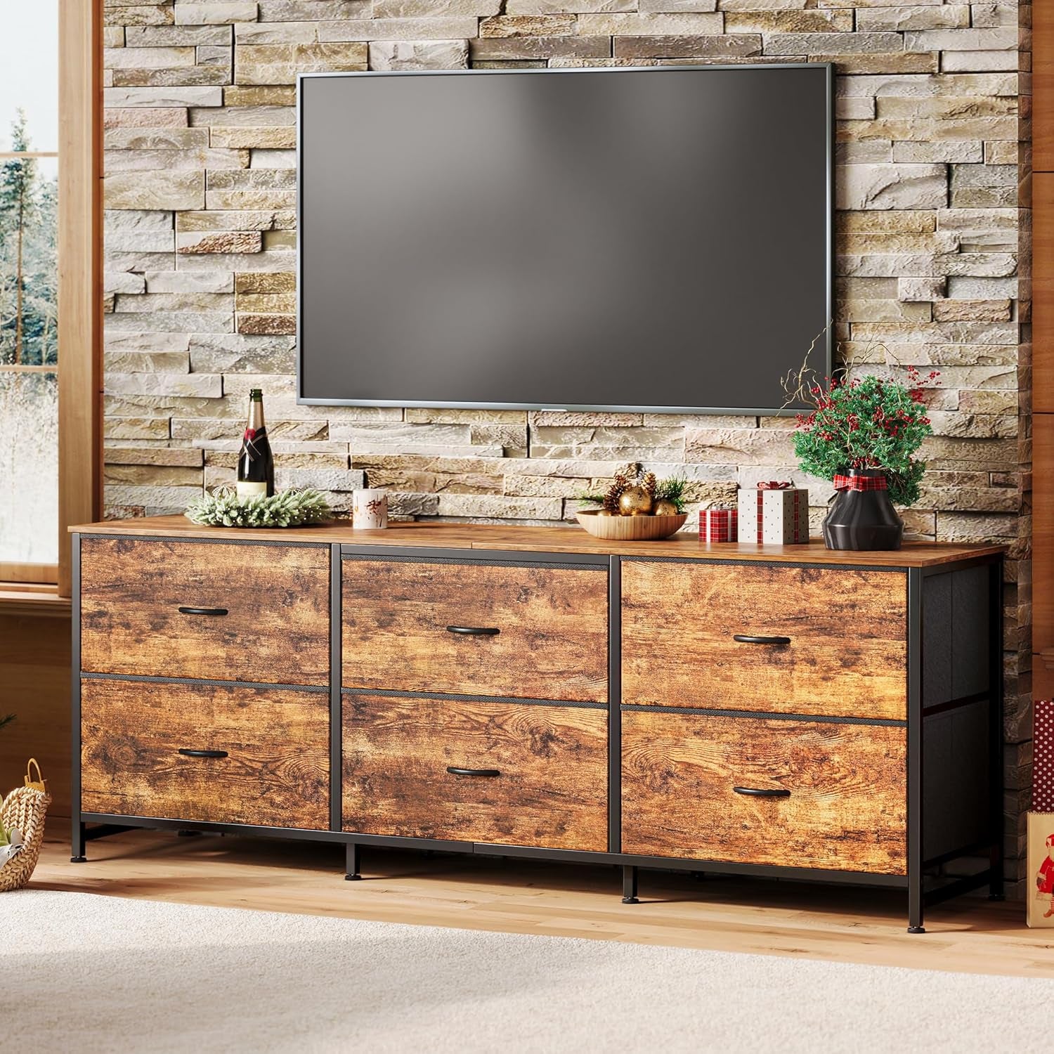 63 Inch Long Dresser for Bedroom, Wide TV Stand for 55, 65, 70 Inch TV, 6 Drawer Dresser for Closet with Fabric Drawers, Storage Organizer for Bedroom, Entryway, Rustic Brown