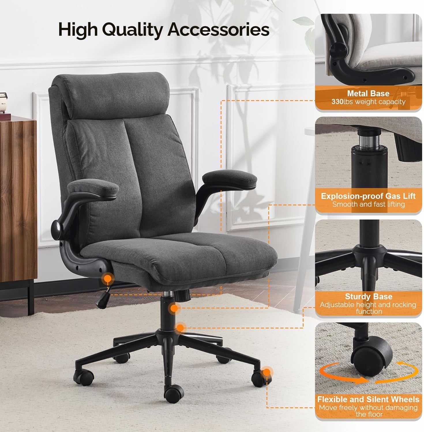 Rolling Ergonomic Office Desk Chair with Padded Flip-Up Arms, 360° Swivel High Back Executive Computer Task Chair with Wheels for Game，Home Small Space, Study Room, Reading Room, Linen Black