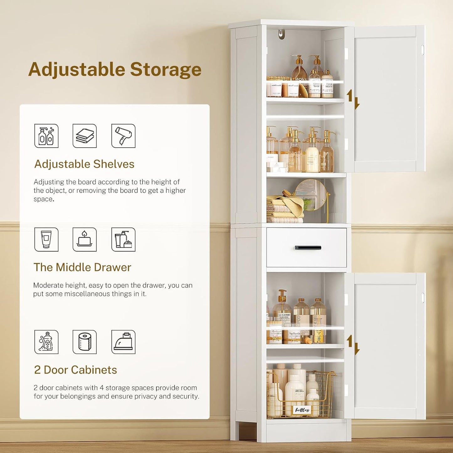 Tall Bathroom Storage Cabinet with Barn Doors, Narrow Bathroom Cabinet with Drawer, Narrow Storage Unit, Adjustable Shelves, Floor Cabinets for Living Room, Entryway, Kitchen, White