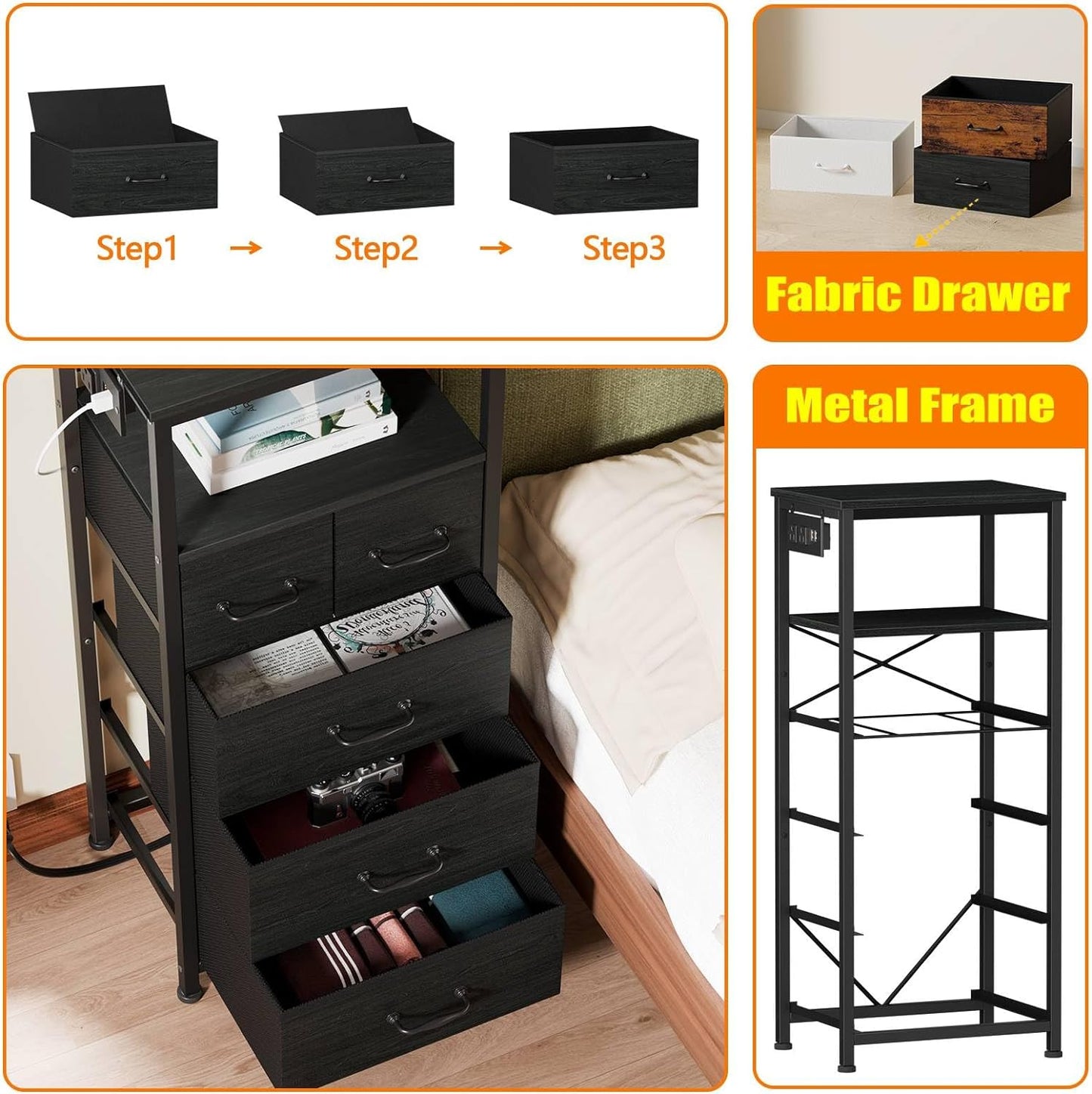 Dresser for Bedroom, Tall Nightstand, Vertical Chest with Wood Top, Charging Station, LED Lights, 5 Fabric Bins, Bedside Table with Shelf, Furniture for Entryway (5 Drawer, Black Oak)