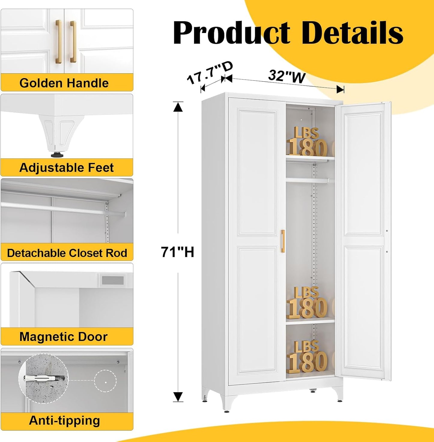 Metal Wardrobe Cabinet with Hanging Rod, 71" Tall Armoire Wardrobe Closet with 2 Doors and Adjustable Shelves, White Clothing Storage Cabinets for Bedroom, Laundry Room, Cloak Room
