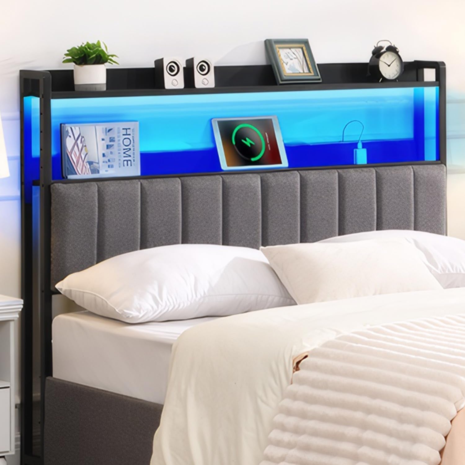 Headboard for Queen Size Bed with 2-Tier Storage, Upholstered Headboards with Outlets, USB Ports and LED Light,Head Board Only, Height Adjustable, Sturdy and Stable (Queen)