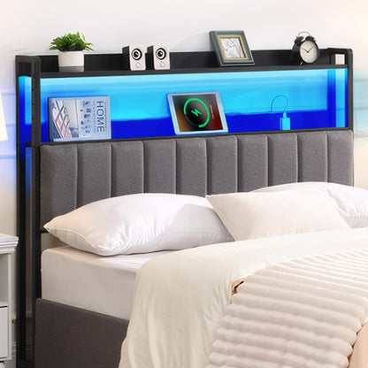 Headboard for Queen Size Bed with 2-Tier Storage, Upholstered Headboards with Outlets, USB Ports and LED Light,Head Board Only, Height Adjustable, Sturdy and Stable (Queen)