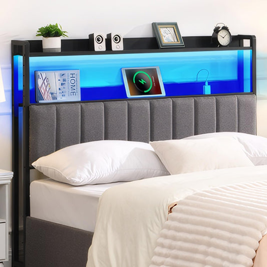 Headboard for Queen Size Bed with 2-Tier Storage, Upholstered Headboards with Outlets, USB Ports and LED Light,Head Board Only, Height Adjustable, Sturdy and Stable (Queen)