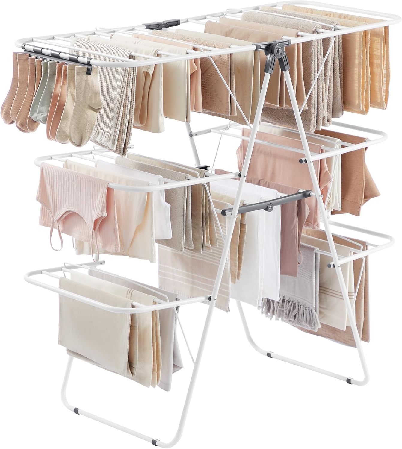 Clothes Drying Rack, Foldable 3-Level Laundry Rack, Free-Standing Large Drying Rack, with Height-Adjustable Wings, 39 Drying Rails, Sock Clips, White and Gray ULLR054W01
