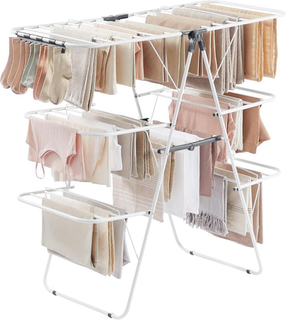 Clothes Drying Rack, Foldable 3-Level Laundry Rack, Free-Standing Large Drying Rack, with Height-Adjustable Wings, 39 Drying Rails, Sock Clips, White and Gray ULLR054W01