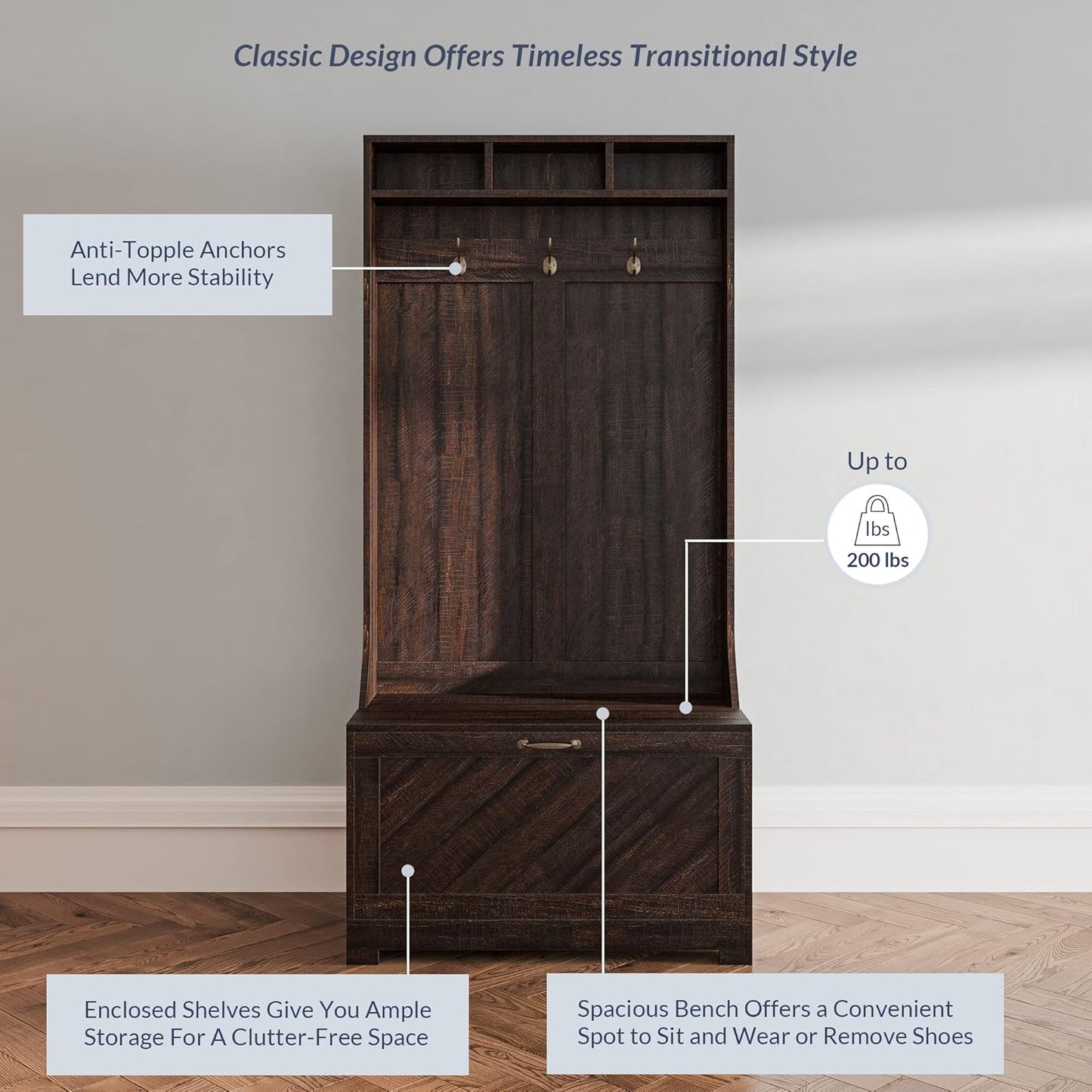 Entryway Hall Tree, Coat Rack, Storage Bench, 3-In-1 Design, Freestanding Shoe Rack - Hilo (Espresso)
