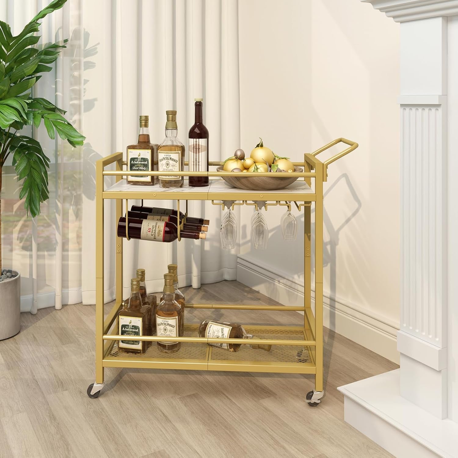 Bar Cart, Two-Color Home Bar Serving Cart, Mobile Drink Beverage Cart with 2 Storage Shelves, Rolling Kitchen Cart with Wine Holder and Glass Holder, for Dinning Room, Living Room, Kitchen