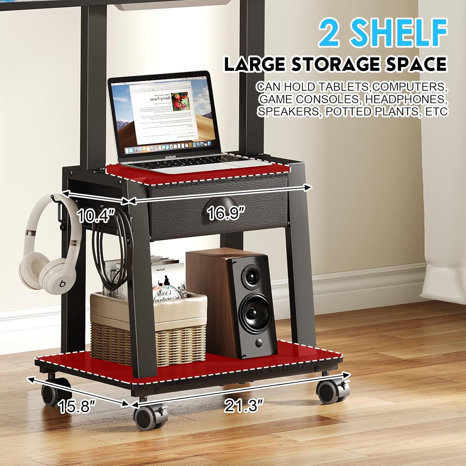 Mobile TV Stand with Drawer for 23-60 Inch Flat/Curved Screen,Tilt Rolling TV Cart on Wheels with 2 Shelves Adjustable Height Portable TV Stand Holds up to 50 Lbs for Indoor Outdoor Max VESA 400X400Mm