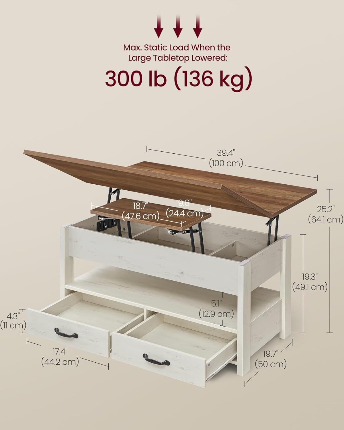 Coffee Table Lift Top, 3 in 1 Center Table with Storage, Gas Spring, 2 Drawers and 3 Hidden Compartments, Open Shelf, for Living Room, Home Office, Honey Brown and Rustic White ULCT254W01