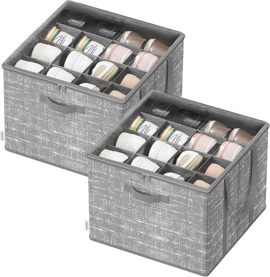 Set of 2 Shoe Organizers for Closet, Fits 16 Pairs Each, Shoe Storage Bins, Fabric Containers with Handles and Clear Cover, for Bedroom, Entryway, Closet, Cattail Gray ULSP602G01