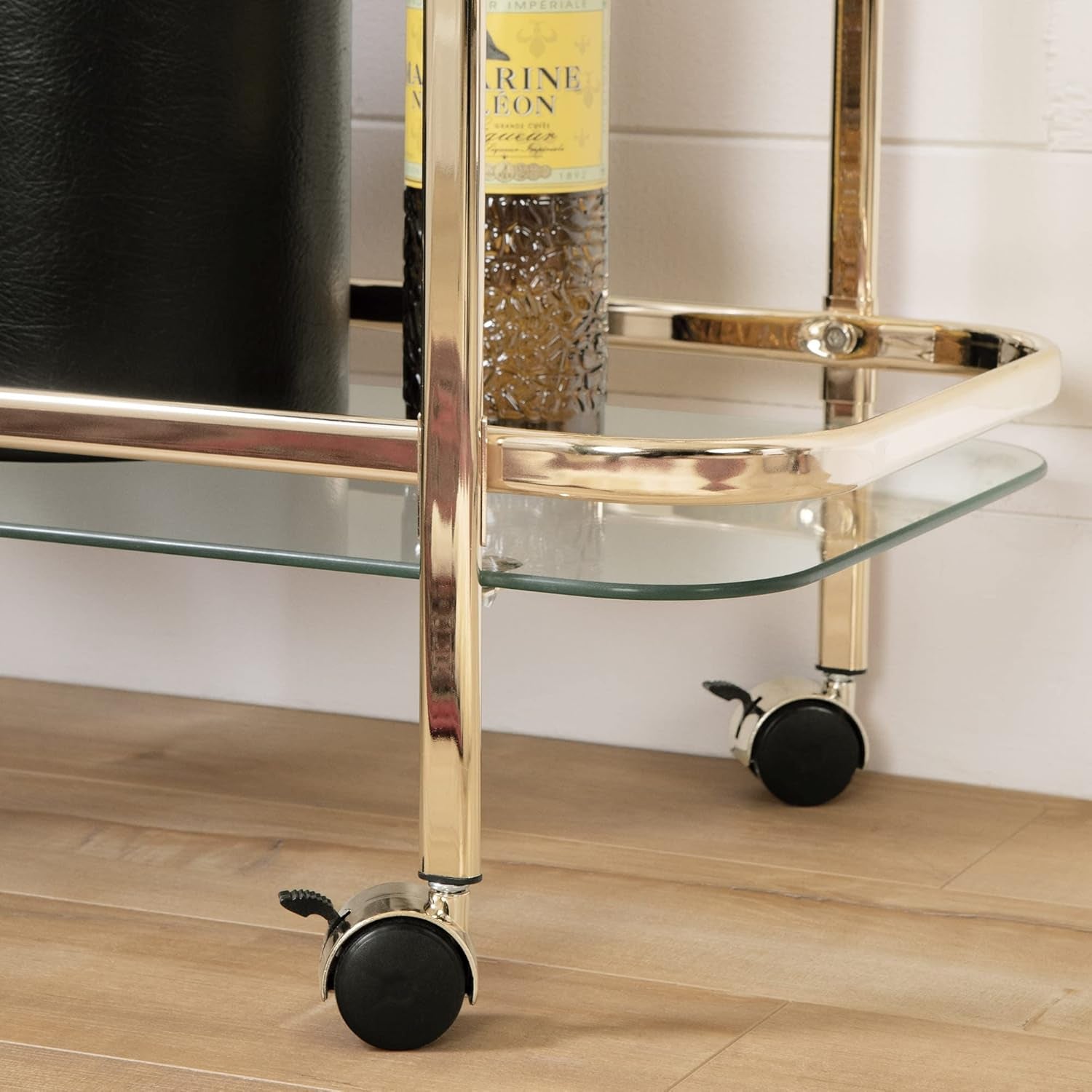 Maliza Bar Cart-Gold and Glass, 13.75"D X 27"W X 29"H