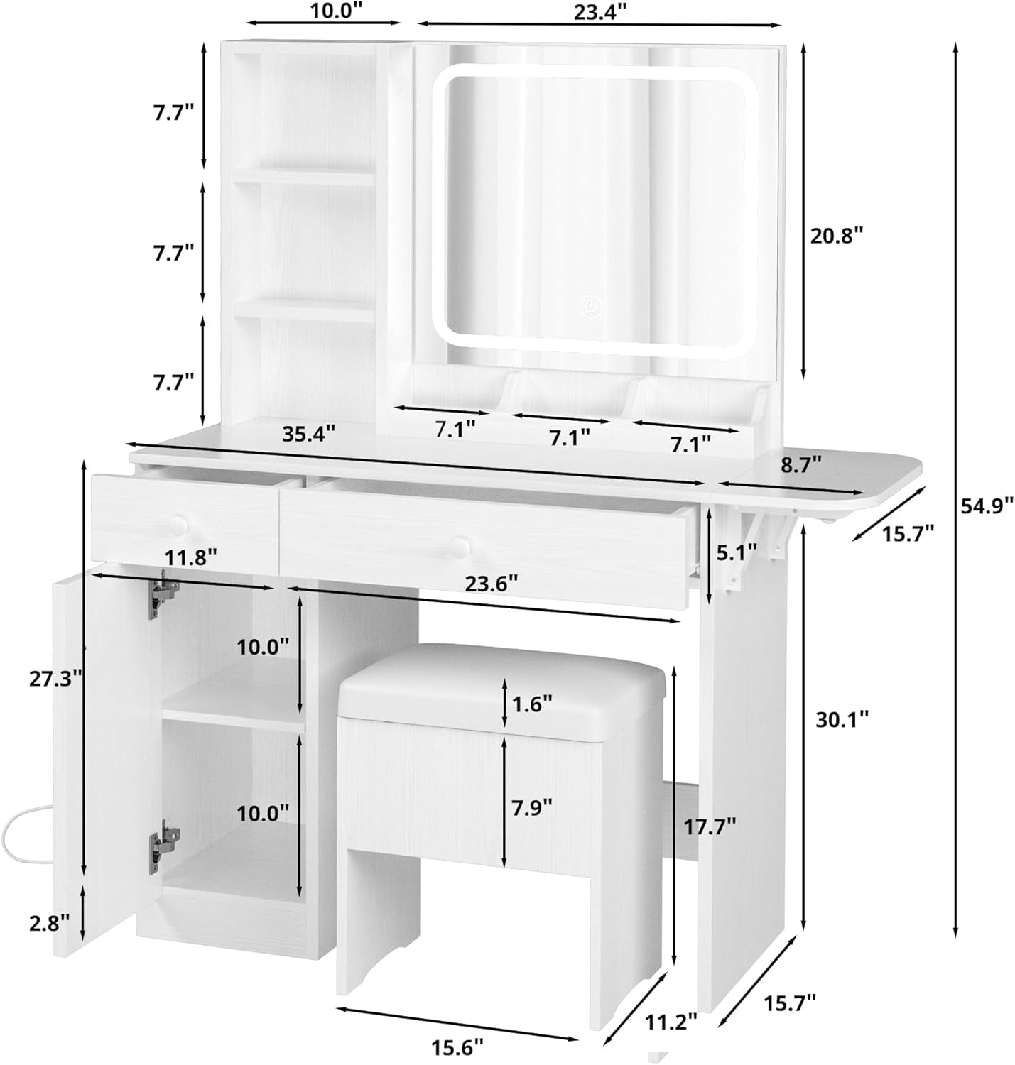 Vanity Desk with LED Lighted Mirror & Power Outlet, Makeup Table with Drawers & Cabinet,Storage Stool, White