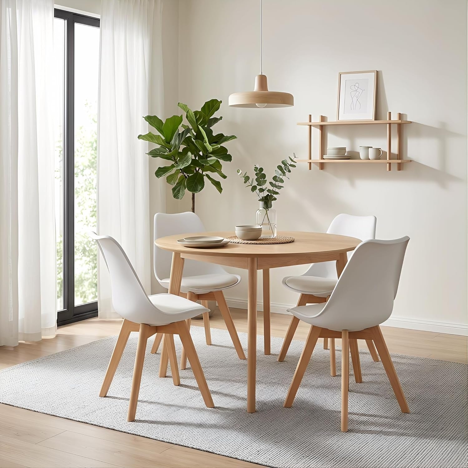 Mid Century Modern Dining Chairs,Shell Lounge Plastic Side Chair with Soft Padded and Wooden Legs for Dining Room Living Room Bedroom Kitchen Set of 2 (White)