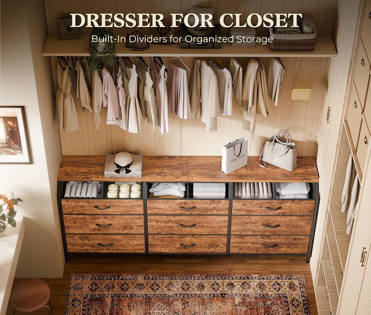 63 Inch Long Dresser for Bedroom, Large Open Storage Drawers, Dresser for Closet with 9 Fabric Drawers, TV Stand for 55, 65, 70 Inch TV, 63" W X 13.7" D X 26.7" H, Rustic Brown