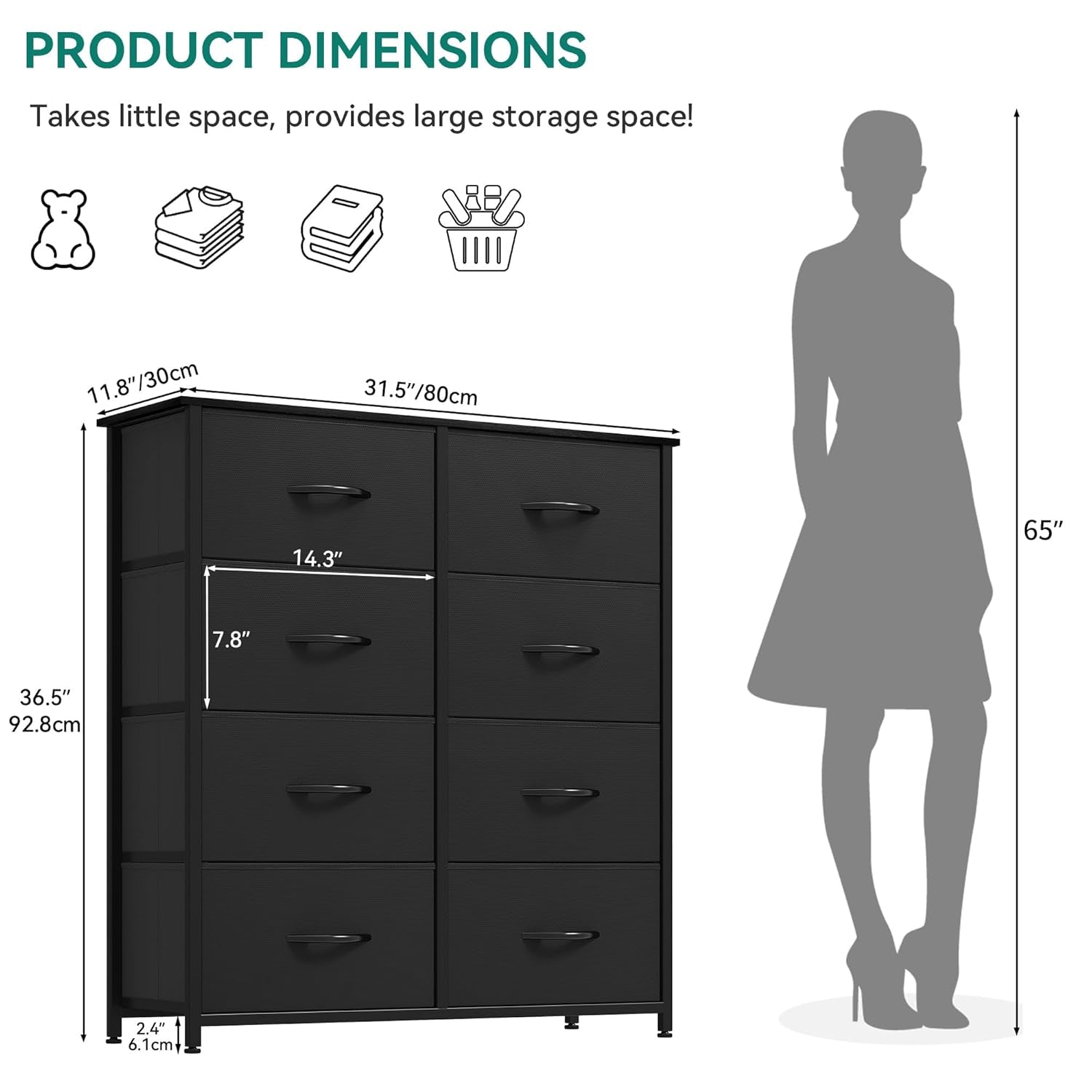 Fabric Dresser with 8 Drawers, Tall Dresser with Fabric Bins, Storage Tower Unit, Chest of Drawers for Living Room, Hallway