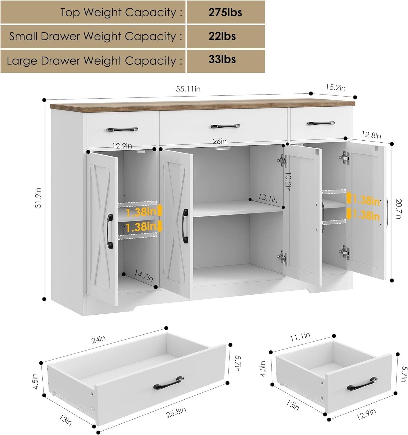 Buffet Cabinet with Drawers, 55" Large Sideboard Buffet Storage Cabinet with Shelves and Doors, Modern Farmhouse Coffee Bar Station Wood Kitchen Table for Kitchen, Dining Room, White/Rustic