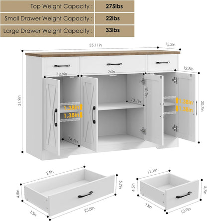 Buffet Cabinet with Drawers, 55" Large Sideboard Buffet Storage Cabinet with Shelves and Doors, Modern Farmhouse Coffee Bar Station Wood Kitchen Table for Kitchen, Dining Room, White/Rustic