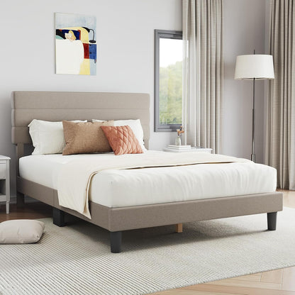 Full Size Bed Frame with Headboard, Full Bed Frame with Wooden Slats Support, Linen Upholstered Stripe Headboard, No Box Spring Needed, Heavy Duty Feet, Easy Assembly, Beige
