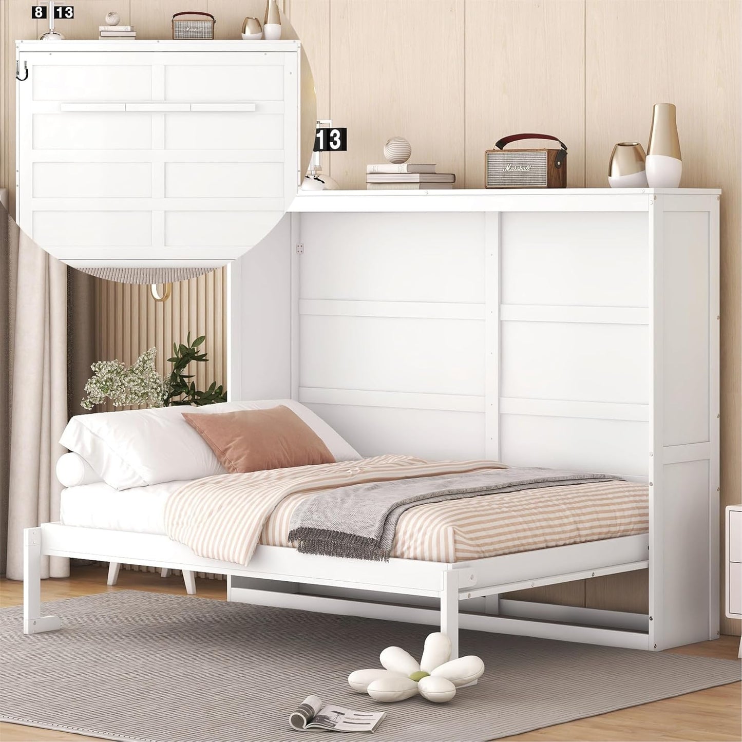 Modern Farmhouse Solid Wood Murphy Bed Chest/Space Saving/Wood Slat Support/Queen,White