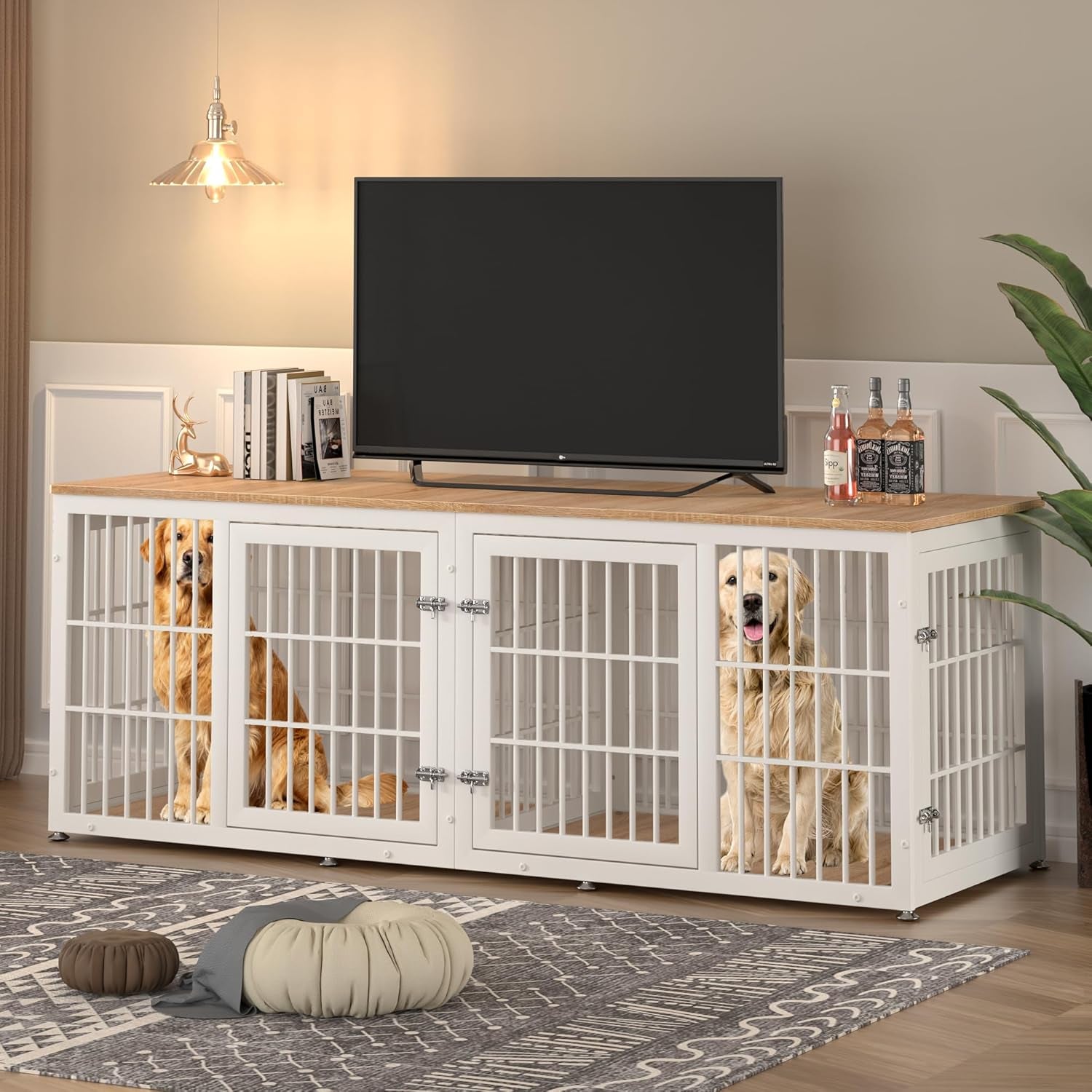 48 Inch Heavy Duty Dog Crate Furniture for Large Dogs, Decorative Pet House End Table, Extra Large Wooden Cage Kennel Furniture Indoor, Natural and White