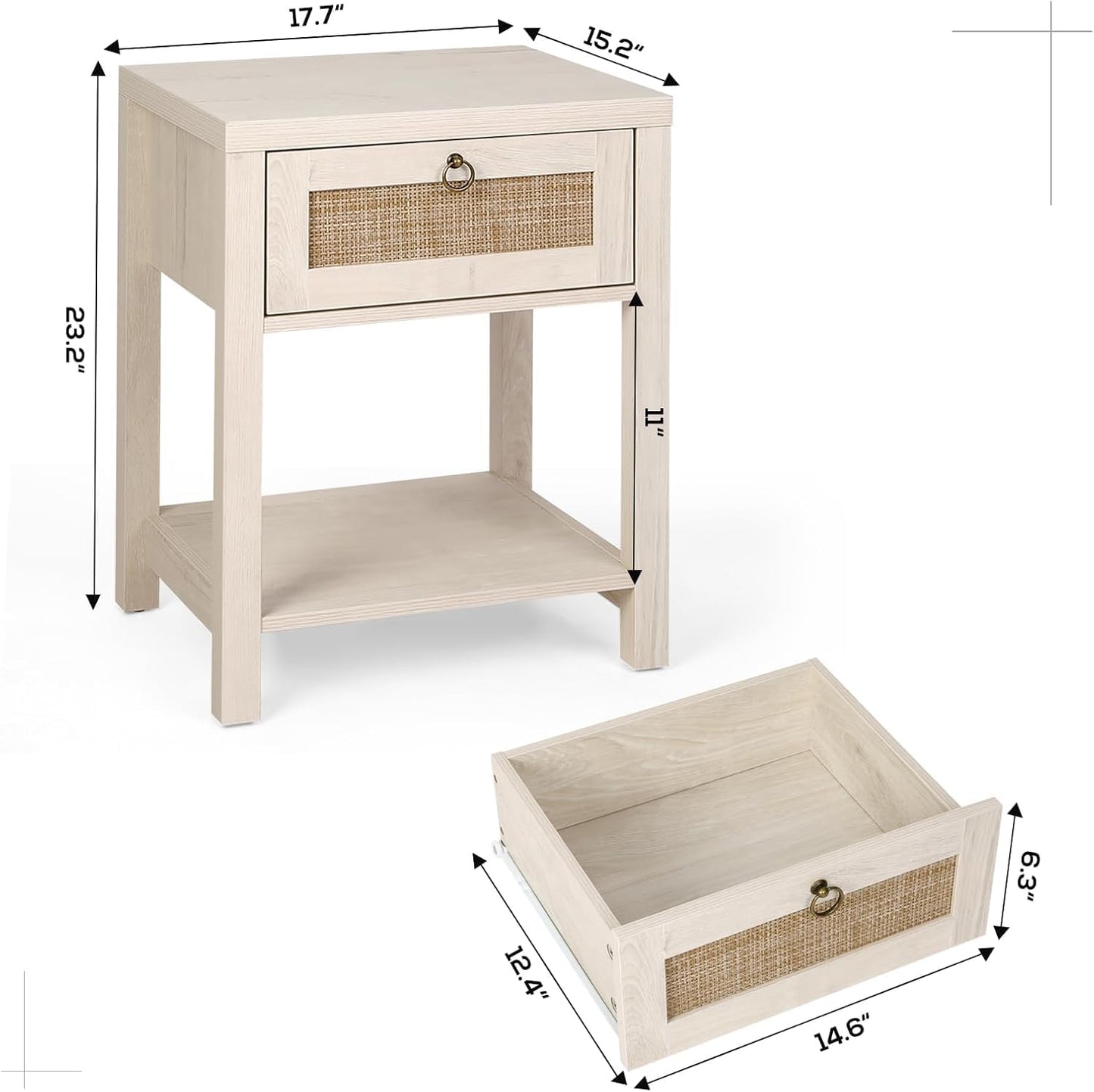 Rattan Nightstands Set of 2 - Farmhouse Bedside Table Night Stand with Drawer and Storage Shelf, Boho End Side Table for Bedroom, Mesitas De Noche Para Dormitorio, Light Oak