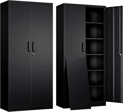Metal Garage Storage Cabinet with 2 Doors and 5 Adjustable Shelves - 71" Steel Lockable File Cabinet,Locking Tool Cabinets for Office,Home,Garage,Gym,School (Black)