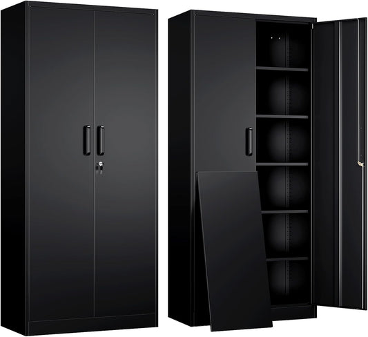 Metal Garage Storage Cabinet with 2 Doors and 5 Adjustable Shelves - 71" Steel Lockable File Cabinet,Locking Tool Cabinets for Office,Home,Garage,Gym,School (Black)
