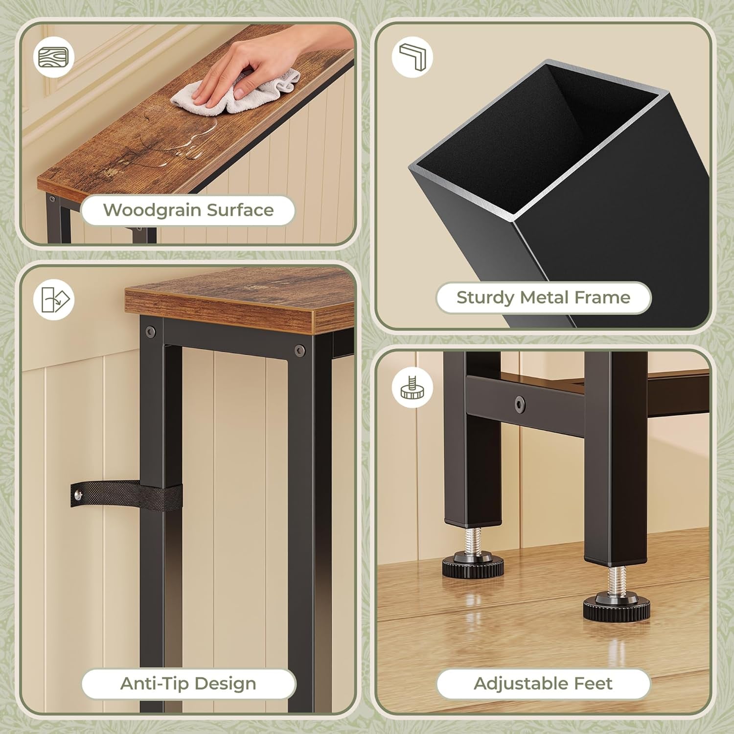 102.4 Inch Sofa Table with Power Outlets, 23.9’’-34.4’’ Height Adjustable Range, behind Couch Table with USB-C Ports, Sofa Tables Narrow Long, Skinny Console Table, Small Spaces, Rustic Brown