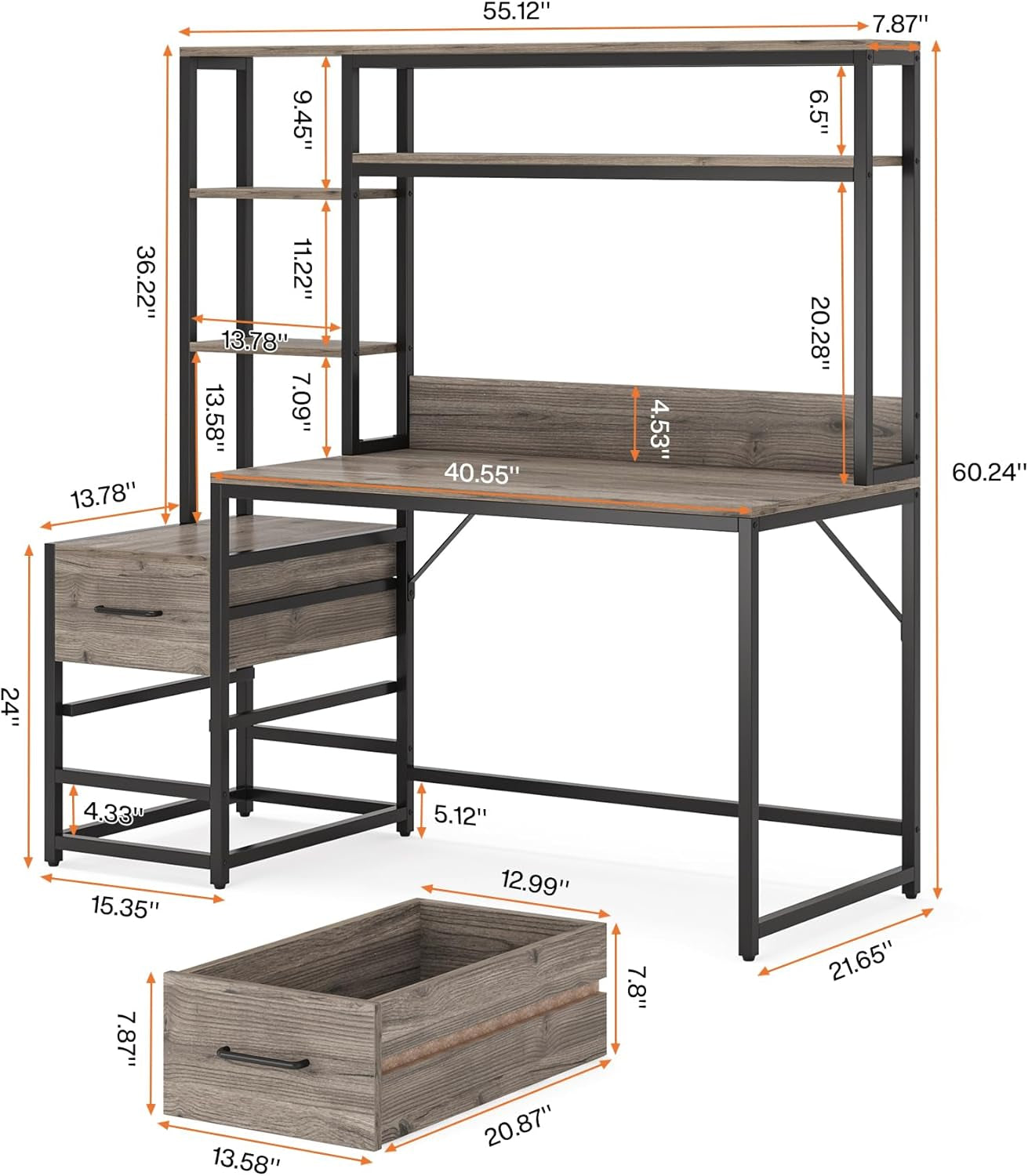 55 Inch Computer Desk with 2 Drawers and Storage Shelves, Rustic Office Desk with Hutch, Study Writing Gaming Table Laptop Workstation for Home Office (Grey)