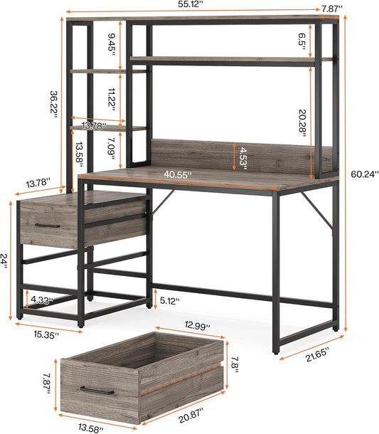 55 Inch Computer Desk with 2 Drawers and Storage Shelves, Rustic Office Desk with Hutch, Study Writing Gaming Table Laptop Workstation for Home Office (Grey)