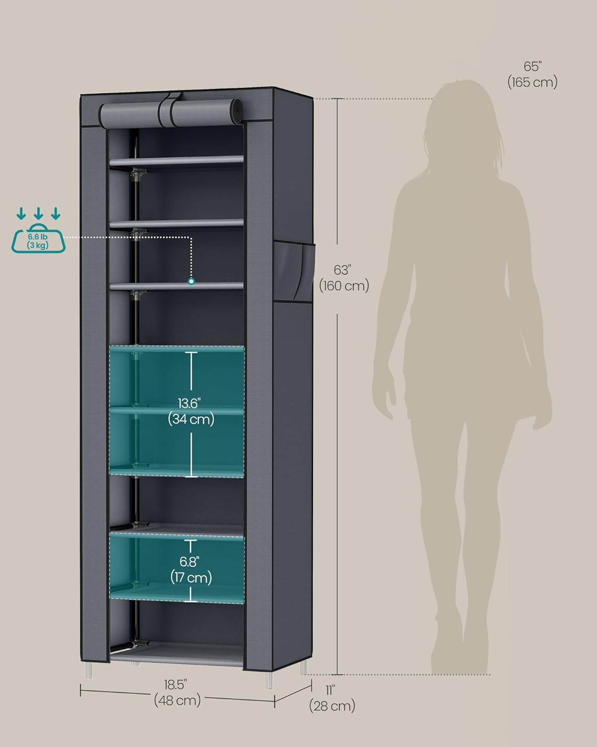 10-Tier Shoe Rack, Shoe Storage Cabinet with Dustproof Cover, Free-Standing Storage Organizer for Closet, Entryway, Hold 20 Pairs of Shoes, for Sneakers, High Heels, Gray URXJ034GN02