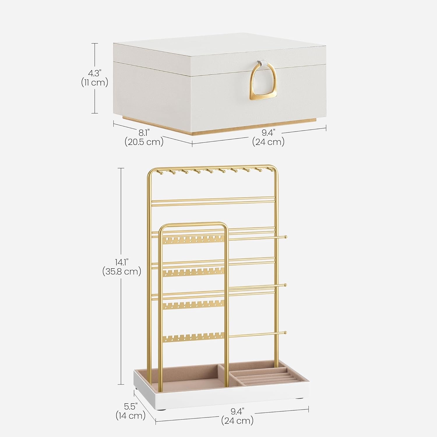 2-Layer Jewelry Box Bundle with Jewelry Holder, Jewelry Organizer with Handle, Floating Effect, Jewelry Display Stand with Metal Frame, White and Pale Gold UJBC165W01 and UJJS028A01