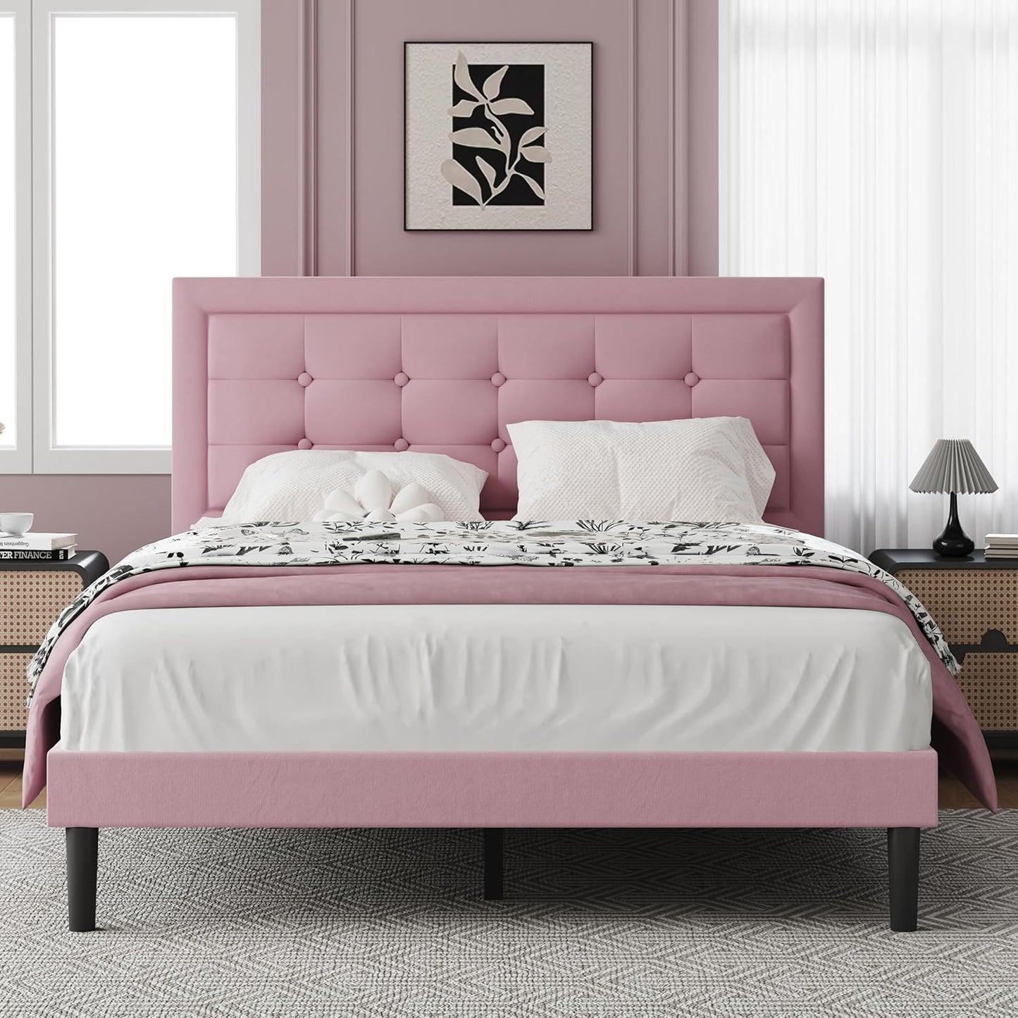 Full Size Upholstered Platform Bed, Full Size Frame with Tufted Button Headboard, Sturdy Frame Wooden Slats, No Innerspring Mattress Required, Noiseless, Easy to Assemble, Pink