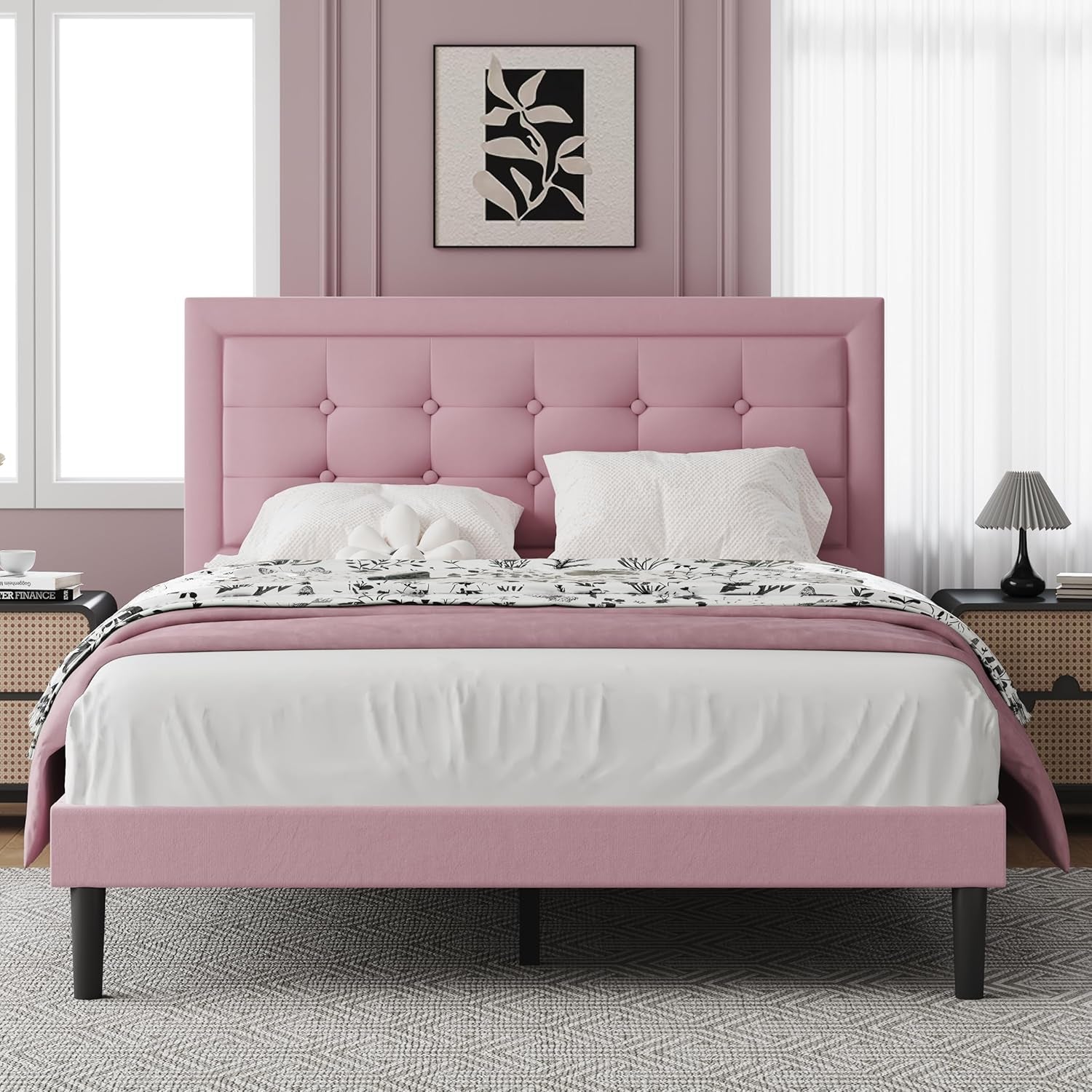 Full Size Upholstered Platform Bed, Full Size Frame with Tufted Button Headboard, Sturdy Frame Wooden Slats, No Innerspring Mattress Required, Noiseless, Easy to Assemble, Pink