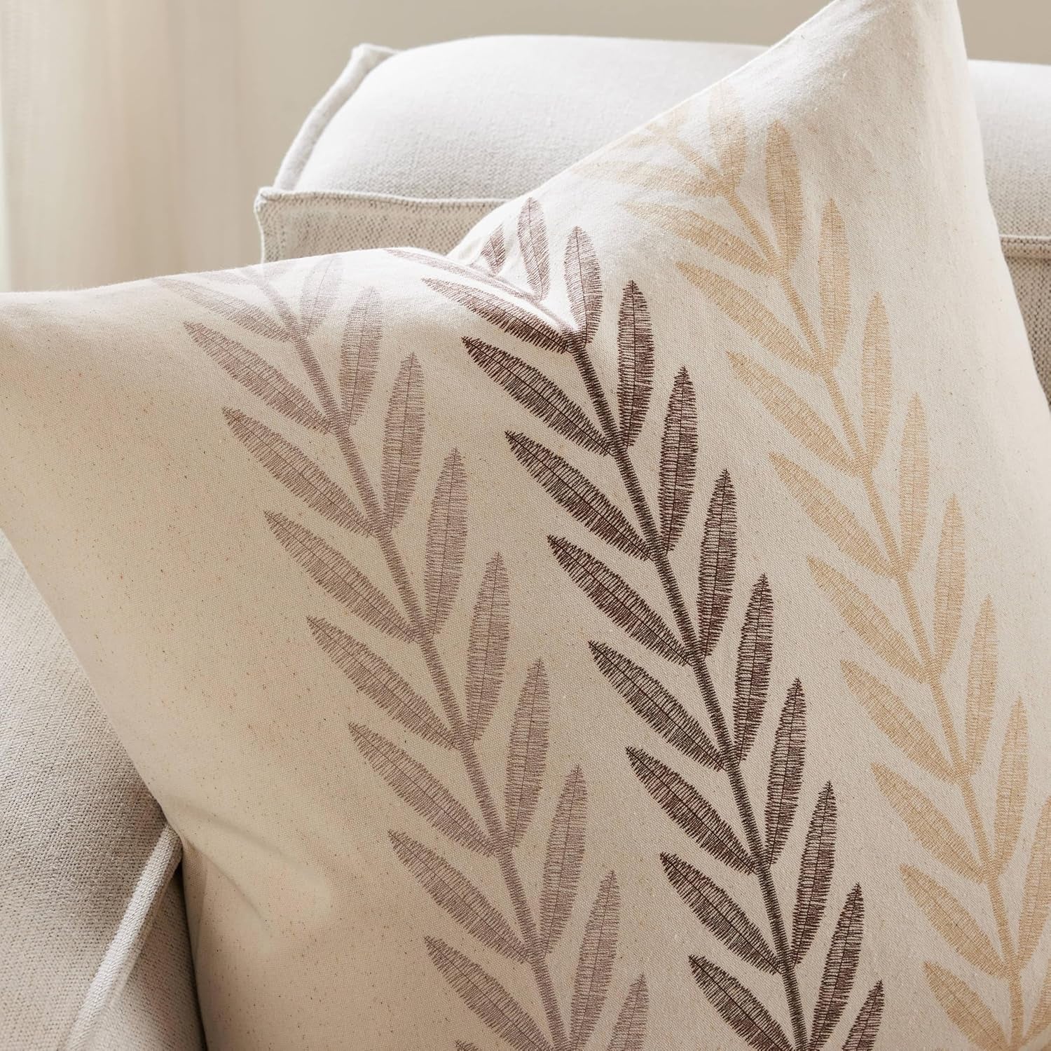 100% Cotton Farmhouse Leaves Throw Pillow Covers Set of 2, 18X18 Inch Mixed Beige Pastoral Decorative Print Cushion Covers for Sofa Bed Living Room Home Decor