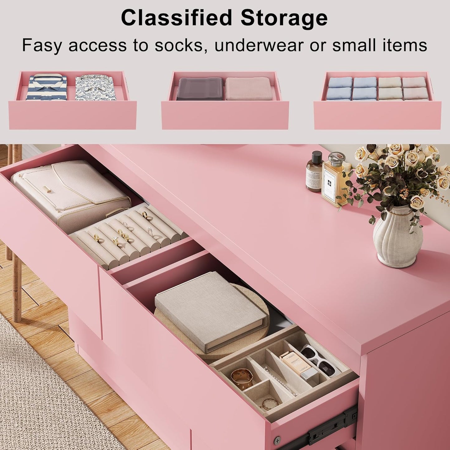 Modern Pink 6 Drawer Dresser - Simply Chest of Drawers for Bedroom, Closet, Living Room, Hallway, Entryway, Wood Storage Double Dresser with Smooth Metal Rails - Pink