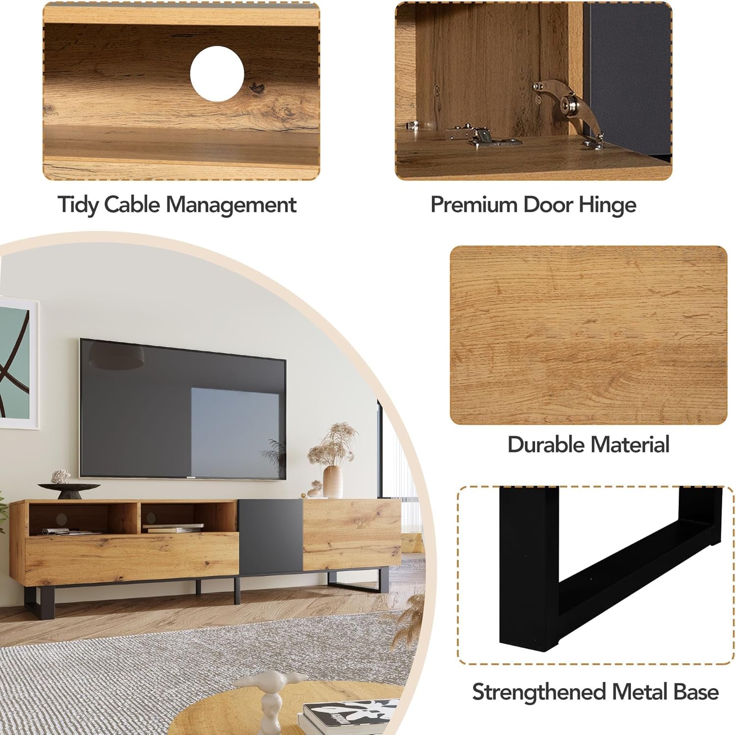 Modern TV Stand with 3 Cabinets & Open Shelves, Minimalist Wooden Entertainment Center for Tvs up to 80”, Sturdy TV Console for Living Room Bedroom Decor