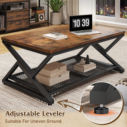 Coffee Table with Storage, Modern Coffee Tables for Living Room with Mesh Shelf, 2 Tier Rectangular Center Table for Living Room, Bedroom, 39.4 Inch, Rustic Brown