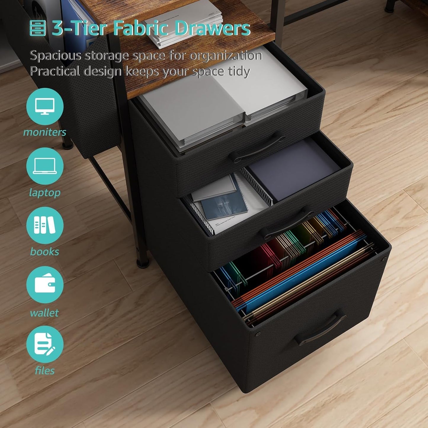 Gaming Desks with Led Lights and Power Outlets, 55 Inch Study Writing Computer Desk with Fabric File Drawers Cabinet for Bedroom, Home Office Desk with Shelves Monitor Stand, Rustic Brown