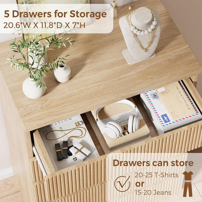 Fluted 5 Drawer Dresser for Bedroom, 43" Tall Dresser for Bedroom, Modern Fluted Chest of Drawers, Handle-Free/Floor-Mounted Wood Drawer Dresser for Living Room, Bedroom, Entryway, Hallway (Oak)